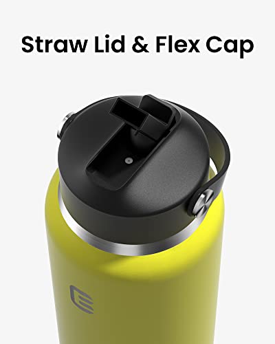 Berusd 1L Insulated Water Bottle, Leak Proof Straw Lid, Stainless Steel Vacuum Insulated Water Bottle, Wide Mouth Bottle with Flex Cap, Double Walled Travel Cup Thermo Bottle Mug Drink Flasks, Lemon