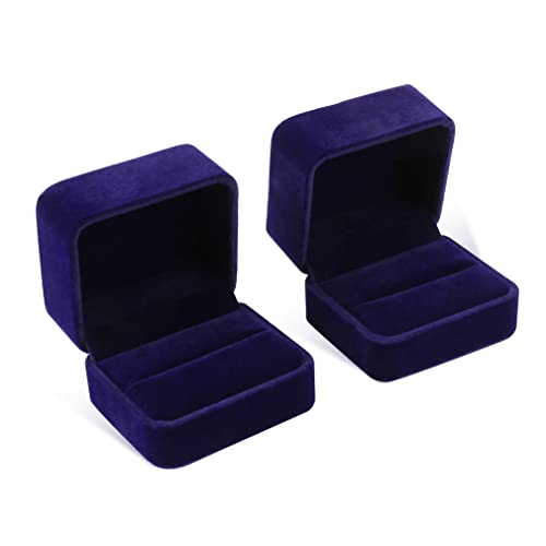 iSuperb Set of 2 Blue Velvet Couple Double Ring Box Earring Jewelry Case Gift Boxes 2.7x2.7x1.6inch