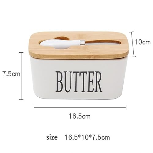 Butter Dish, Porcelain Butter Dish with Knife & Wooden Lid, Covered Butter Dish Easy Clean Airtight Butter Dishes for 2 Sticks of Butter West or East Coast Butter