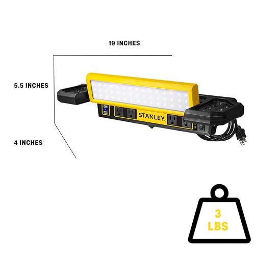 STANLEY PSL1000S Adjustable 45 COB LED Workbench Light with AC Power Outlets, Dual 2.1 Amp USB Charging Ports, and Tool Storage