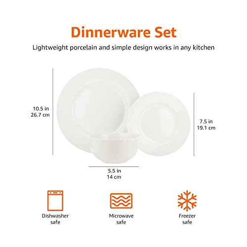 Amazon Basics 18-Piece Kitchen Dinnerware Set, Plates, Dishes, Bowls, Service for 6 - White