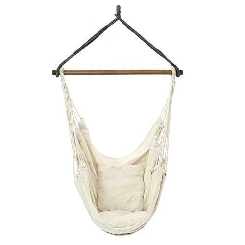 Portable Hanging Hammock Chair Swing Garden Outdoor Camping Soft Cushions (Beige with Pillow)