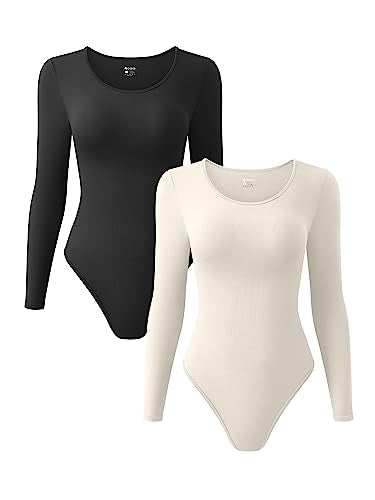 OQQ Women's 2 Piece Bodysuits Sexy Ribbed One Piece Crewneck Long Sleeve Bodysuit, Black Beige, Small