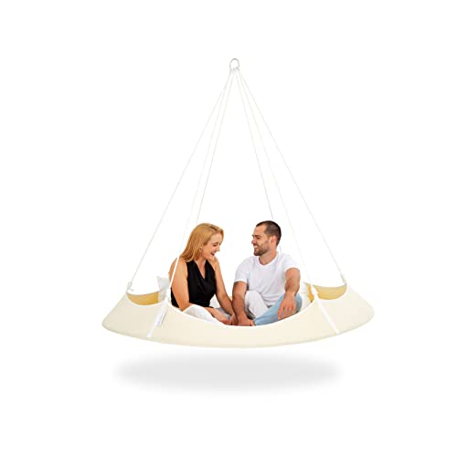 Hangout Pod Free-Hanging Transportable Circular Family Hammock Bed/Hanging Chair/Porch Swing for Garden, Deck, Lawn, Patio and Camping. Cream & White