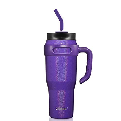 Zibtes 40oz Insulated Tumbler With Lid and Straws, Stainless Steel Double Vacuum Coffee Tumbler With Handle, Keeps Drinks Cold up to 34 Hours or Hot for 12 Hours(Glitter Purple 1 pack)