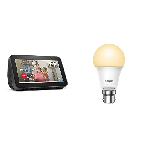 Echo Show 5 (2nd Gen) Smart Display with Alexa, Charcoal + TP-Link Tapo Smart Wi-Fi Light Bulb, Dimmable Soft Warm White - B22, No Hub Required