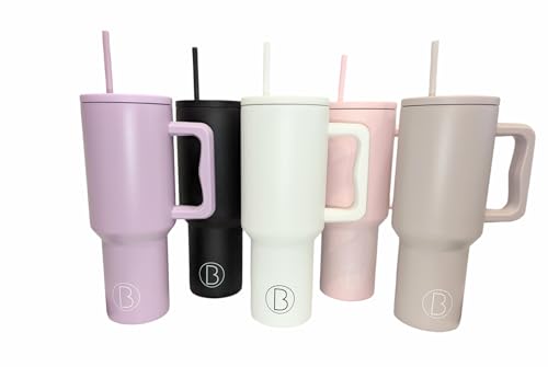 Vacuum Insulated Tumbler with Handle and Straw Lid | 1180ml/40oz Capacity | Stainless Steel Double Wall Insulation | Reusable Travel Mug in Multiple Colours | Bottle & Bowl Co. (Pink)