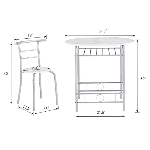 VECELO 3 Piece Small Round Dining Table Set for Kitchen Breakfast Nook, Wood Grain Tabletop with Wine Storage Rack, Save Space, 31.5", White & Silver