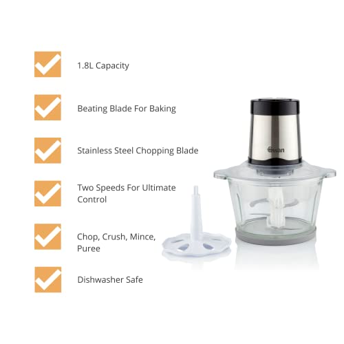 Swan Electric Food Chopper, Food Processor, 1.8L Glass Bowl, 26000 RPM Motor, Stainless Steel Blade & Beating Blade, Anti-slip Removeable Mat, 2 Speed Settings, Stainless Steel, SP42010N