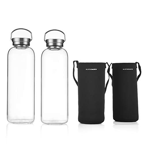 DE.KITCHEN&HIFUN Glasss Water Bottle 2l, Large Borosilicate Glass 2L for Juice, Glass Water Bottle with Steel Cap Filter