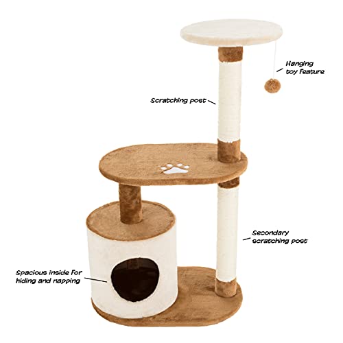 3-Tier Cat Tree - 2 Napping Perches, Kitten Condo, 2 Sisal Rope Scratching Posts, and Hanging Toy - Tower for Indoor Kitties by PETMAKER (Brown)