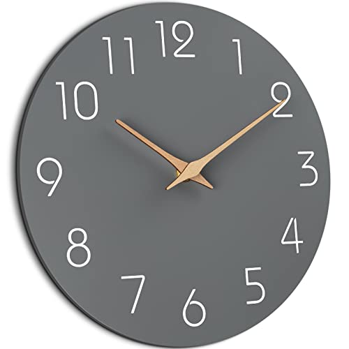 Mosewa Silent Non-Ticking Wall Clock Decorative for Kitchen, Bedroom, Bathroom, Office, Living Room, Battery Operated - 10 Inch Wood Modern Simple (Gray)