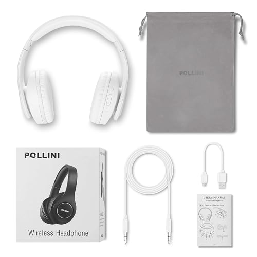 Bluetooth Headphones Wireless, pollini 40H Playtime Foldable Over Ear Headphones with Microphone, Deep Bass Stereo Headset with Soft Memory-Protein Earmuffs for iPhone/Android Cell Phone/PC (White)