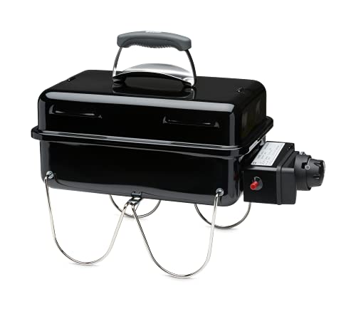 Weber Go-Anywhere Gas Barbeque Grill | Portable Gas BBQ Grill | Table Top Camping Barbeque with Lid | Porcelain-Enamelled Bowl | Small & Lightweight Deep Dish Outdoor Stove - Ivory (1125004)