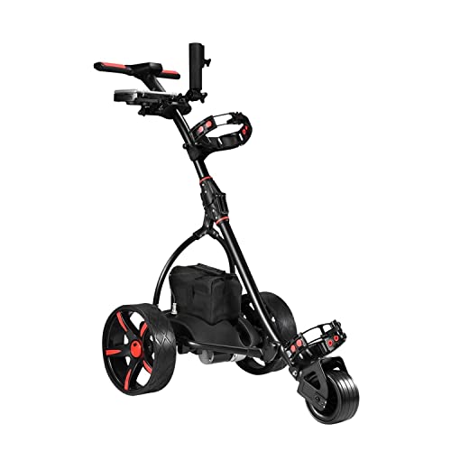 Electric Golf Trolley Foldable Push Golf Buggy Cart 3 Wheel 3 Distance Control LED Display- Black & Red