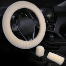 Womens Winter Fashion Wool Fur Steering Wheel Covers 3Pcs Set, Soft Fluffy Handbrake Cover Fluff Gear Shift Cover Plush Fuzz Warm Non-Slip Car Decoration Short Hair (Beige, 15 icnh)