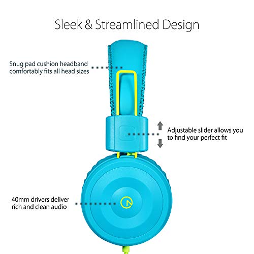 Kids Headphones-noot products K22 Foldable Stereo Tangle-Free 3.5mm Jack Wired Cord On-Ear Headset for Children/Teens/Boys/Girls/Smartphones/School/Kindle/Airplane/Plane/Tablet (Teal/Lime)