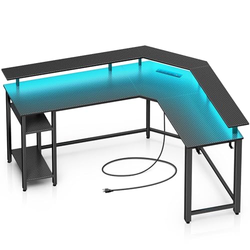 Rolanstar Computer Desk 55.1" with Power Outlets USB Ports & LED Strip,Reversible L Shaped Desk with Monitor Stand & Storage Shelf,L Shaped Gaming Desk with Hooks,Home Office Desk,Carbon Fiber