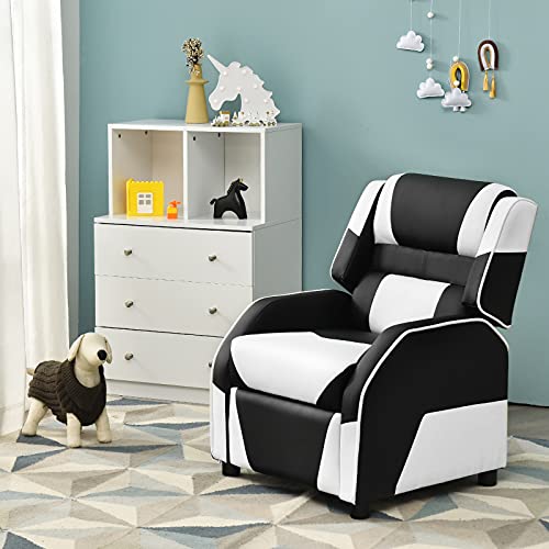 Kids Recliner Chair, Adjustable Recliner Sofa w/Footrest, Headrest & Lumbar Support, w/ Padded Seat, Ergonomic PU Leather Children Armchair for Living & Gaming Room, Racing Style Kids Lounge Couch for Boys & Girls Gift, White & Black