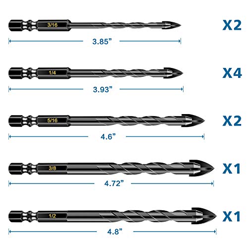 10 Pcs Masonry Drill Bits, Concrete Drill Bit Set for Tile, Brick, Glass, Plastic and Wood, Tungsten Carbide Tip Work with Ceramic Tile, Wall Mirror, Paver on Concrete or Brick Wall.