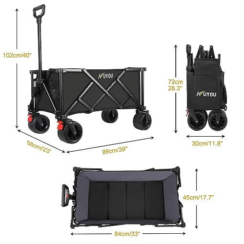 KUYOU Collapsible Folding Utility Wagon, Foldable Wagon Carts Heavy Duty, Large Capacity Wagon with All Terrain Wheels, Outdoor Portable Wagon for Camping, Garden, Shopping, Groceries (Black/Grey)
