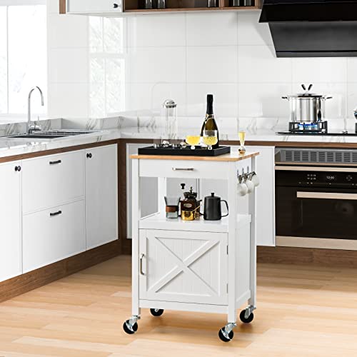 Giantex Kitchen Island Cart, Rolling Kitchen Island with Rubber Wood Top, Storage Drawer, Cabinet and Shelf, Coffee Cart on Wheels with Side Hooks for Kitchen Dining Room Living Room (White)