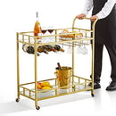 VEVOR Bar Cart Gold, 2 Tiers Home Bar Serving Cart on Lockable Wheels, Rolling Alcohol Cart with Tempered Glass Shelves Guardrail Wine Rack, Modern Wine Cart for Home Kitchen Dining and Living Room