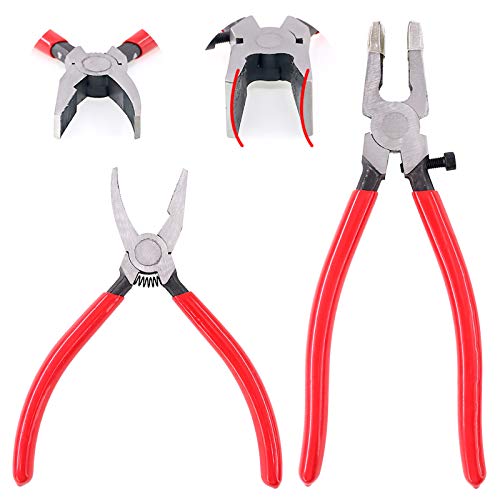 Swpeet 2Pcs Heavy Duty Breaker Grozer Pliers and Glass Running Pliers Kit with Rubber Tips, Glass Pliers with Flat Jaws & Curve Jaw Perfect for Stained Glass Work