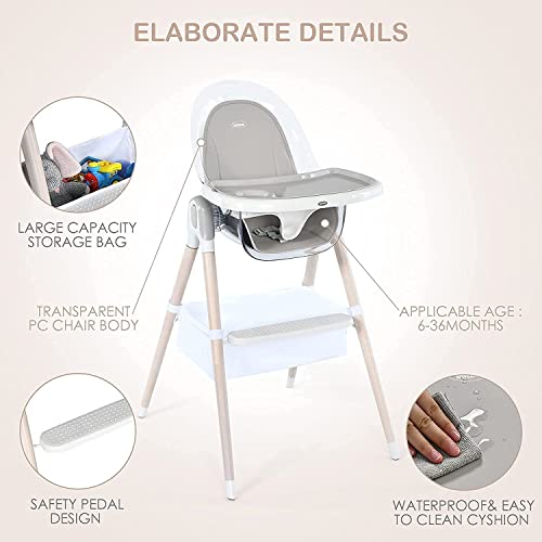 BABY JOY 4-in-1 Baby High Chair, Wooden Highchair Booster Seat w/Adjustable Seat & Double Removable Tray, Infant Dining Chairs Rocking Chair w/Storage Bag, Footrest & 3-Point Safety Belt, Gray