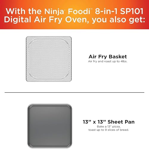 Ninja SP101 Digital Air Fry Countertop Oven with 8-in-1 Functionality, Flip Up & Away Capability for Storage Space, with Air Fry Basket, Wire Rack & Crumb Tray, Silver