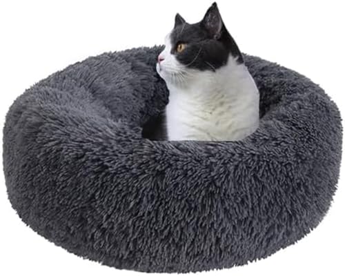 Dog Beds for Small Dogs, Washable Pet Bed for Cat Puppy Soft Round Fluffy Donut Self Warming Bed, Dog Calming Bed for Indoor, Dark Grey