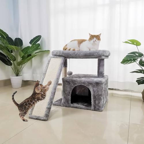 SIYIPURR Small Cat Tree for Indoor Cats，Cat Tower with Cat Scratching Post and Board，Cat House with Cat Perch for Kitten, Cat Condo,Stable Cat Stand (Light Grey)