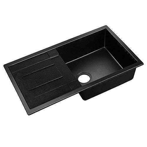 Cefito Stone Kitchen Sink 86 x 50cm Single Bowl Black Sinks Granite, Laundry Bathroom Home Basin, Handmade Heavy Duty Drain Board Include Waste Strainer