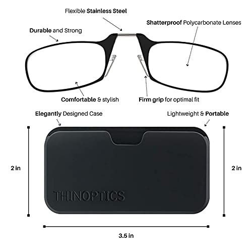 ThinOptics Reading Glasses And Pod Case 2.00 Strength Black Frames, Black Case