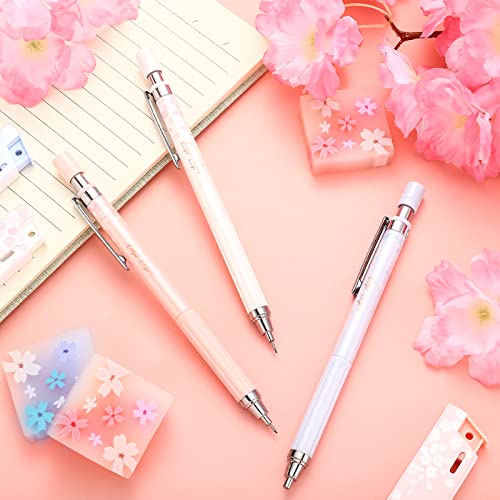 15 Pcs Cherry Mechanical Pencil Set Include 6 Pcs Japanese Kawaii Automatic Drafting Pencil with 6 Tubes Pencil Refill and 3 Pcs Cute Cherry Erasers for Sketching Architecture Drawing (0.5 mm)