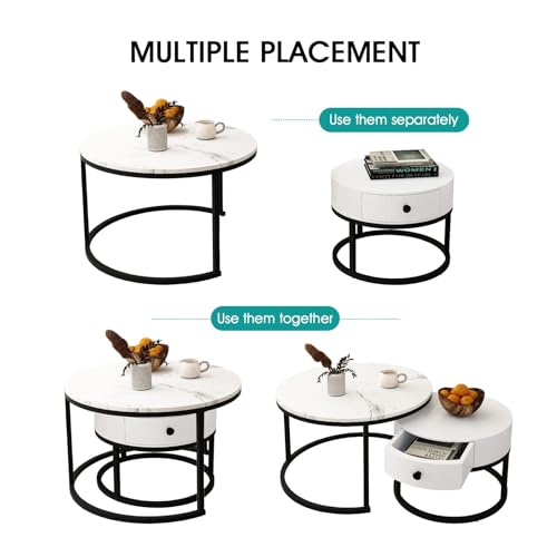 Luxsuite Round Nesting Coffee Table Set of 2 Bedside Stacking Faux Marble Look Accent Tables Soft Side Table Set with Drawer Living Room Furniture White