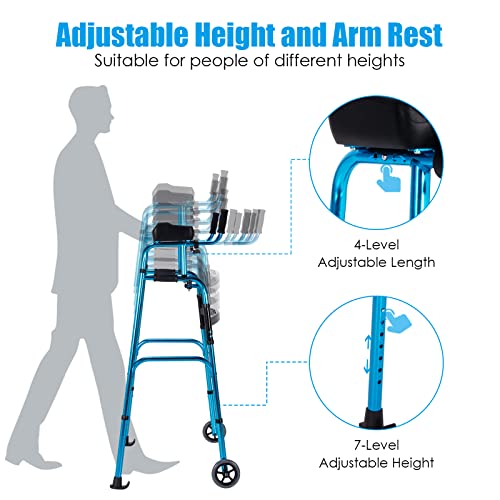 Costway Foldable Standard Walker, Weight Capacity 200 kg, Adult Mobility Walking Frame, Toilet Standing Frame, Aluminum Alloy Rehabilitation Auxiliary Walker w/ 7-Height Adjustable, Removable Armrest, Wheels, Walking Aid for Senior, Elderly (Silver)