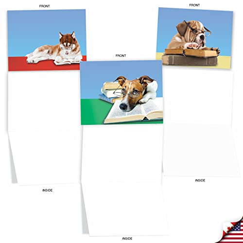 10 All Occasion Dog Note Cards with Envelopes 4 x 5.12 inch - Assorted Blank Greeting Cards 'Reading Eye Dogs' - Cute Puppy in Glasses Notecards for School Kids, Teachers, Book Lovers M3967sl