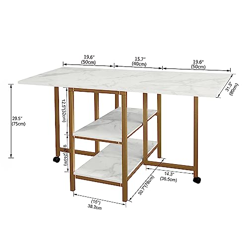 AT-VALY Folding Dining Table with 2 Storage Open Shelf,Drop Leaf Extension Dining Table,Top Folding 15.7" to 55.1" Kitchen Table (Gold)