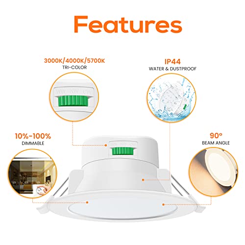 ALUX 10pcs 13W Flat Face Led Ceiling Lamp LED Downlight Kit CCT Changeable 90mm Cutout IP44 Dimmable 3000K&4000K&5700K All in one (Spray White)