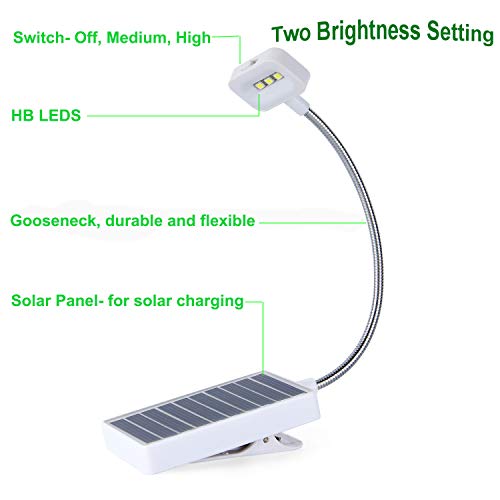 Solar Clip on Book Light Glovion LED Reading Light USB Rechargeable and Solar Powered2 Brightness Settings Flexible Neck& Clip-on-White