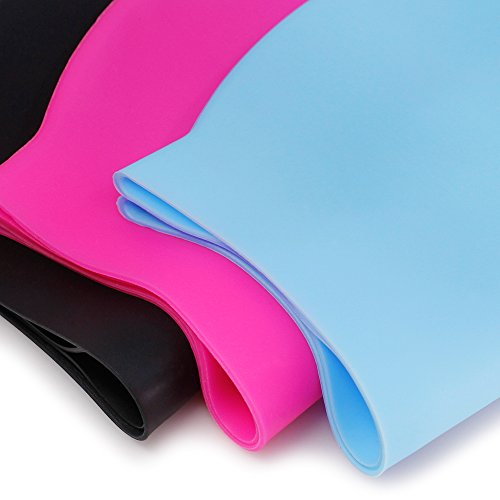 3 Pack Silicone Swimming Caps, SENHAI Unisex Waterproof Durable Elastic Swim Caps for Swimmers with Long, Thick or Curly Hair, Fit for Kids, Women, Men - Light Blue, Rose Red, Black