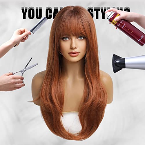 HAIRCUBE Auburn Wigs for Women,Long Wig with Bangs Natural Wavy Auburn Wigs Heat Resistant Fiber Synthetic Wigs for Daily Party