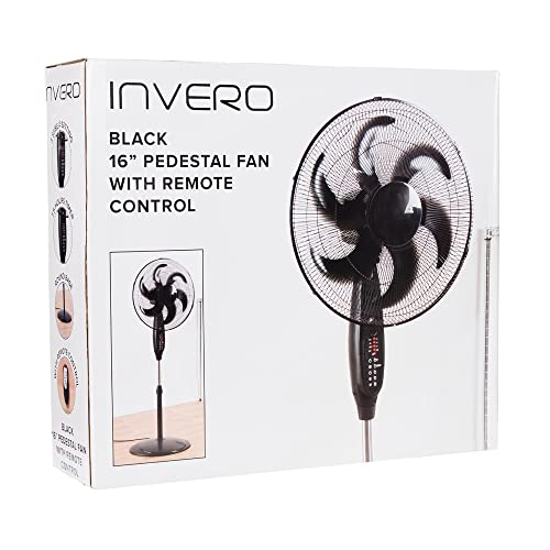 Invero 16" Inch Pedestal Air Cooling Fan with Remote Control - 3 Speed Oscillating Electric Floor Fan, Timer, Adjustable Height & Low Noise - For all Homes, Offices or Bedrooms - Black