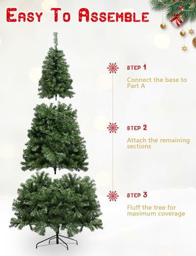 YouMedi 6.5ft Premium Spruce Artificial Holiday Christmas Tree with 750 Branch Tips for Home, Party Decoration, Easy Assembly, Metal Hinges & Foldable Base - Fire-Resistant Material