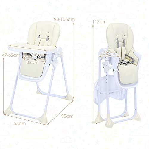 BABY JOY Baby High Chair, Folding Highchair for Toddlers w/Adjustable Height, Recline Backrest & Footrest, Portable High Chair Baby Dinning Chair w/Wheels, Removable PU Leather Seat (Beige)