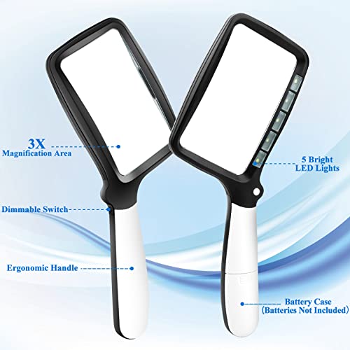 Large Hand Magnifying Glass Handheld Folding Reading Magnifier 3X Magnification with 5 Dimmable LEDs Ideal for Reading Small Prints, Book