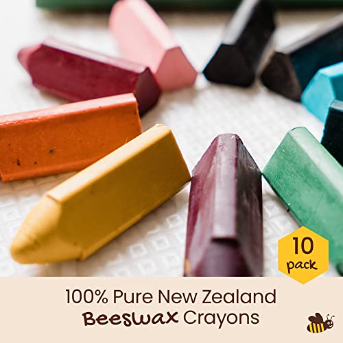 Honeysticks Triangular Crayons - 100% Pure Beeswax, Food Grade Colours, Non Toxic Crayons for Baby, Toddlers Ages 1-3, 2-4, Triangle Shape for Pencil Grip Development, Handmade in New Zealand 10 Pack