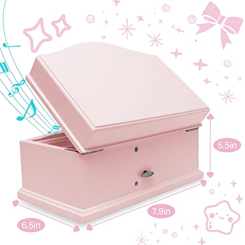 Wooden Ballerina Pink Musical Jewelry Box with Mirror&Tassel Key for Kids,Girls,Musical Keepsake Gift,Kid's Jewelry Storage Music Box (Pink)