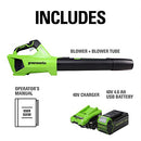 Greenworks 40V Axial Blower (450 CFM / 120 MPH), 4Ah USB Battery and Charger, BL40B411